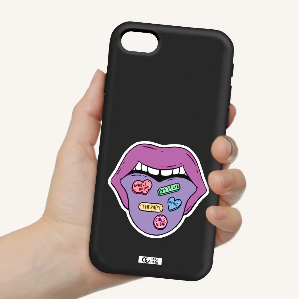 a purple lips with different colored hearts on it Apple iPhone se 2020 Silicone black Case