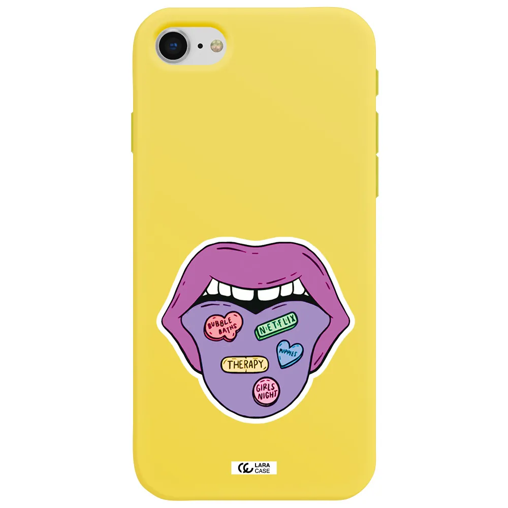 a purple lips with different colored hearts on it Apple iPhone se 2020 Silicone canary yellow Case