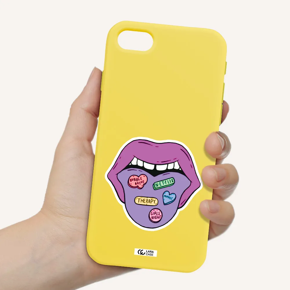 a purple lips with different colored hearts on it Apple iPhone se 2020 Silicone canary yellow Case