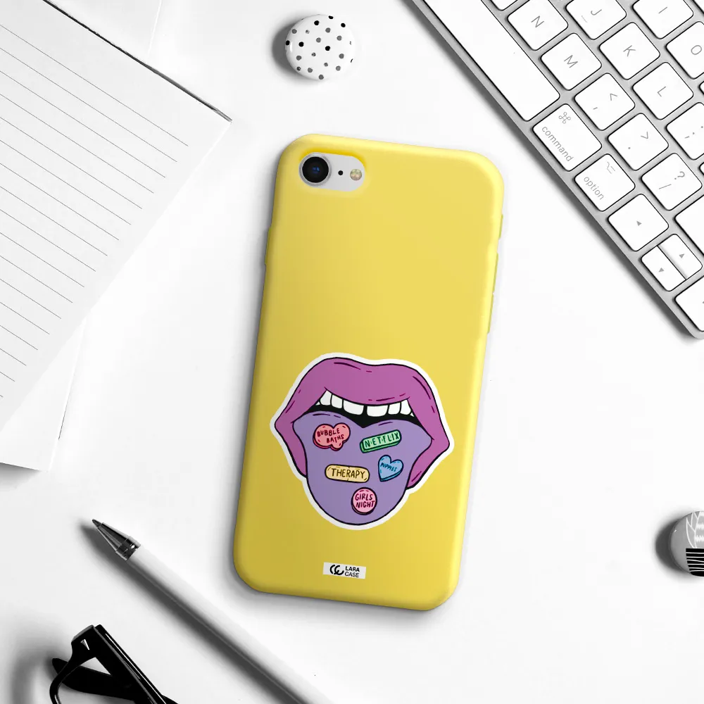 a purple lips with different colored hearts on it Apple iPhone se 2020 Silicone canary yellow Case
