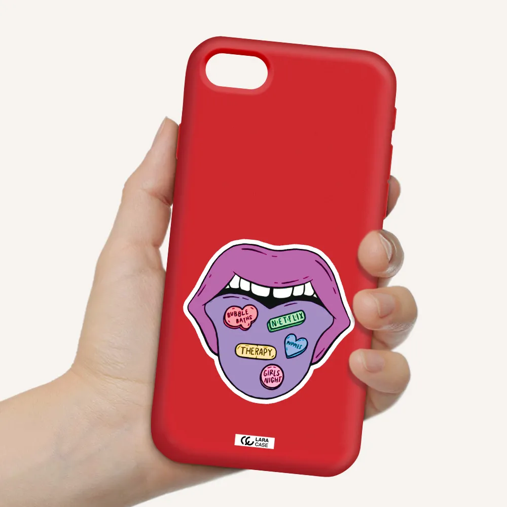a purple lips with different colored hearts on it Apple iPhone se 2020 Silicone Imperial Red Case