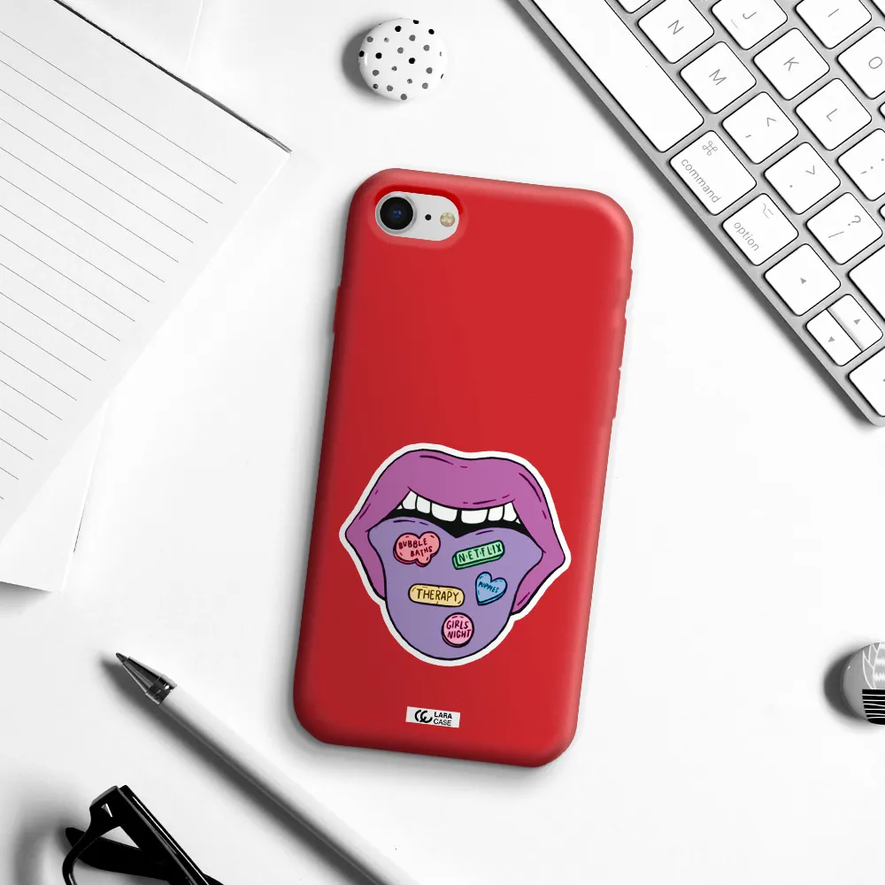 a purple lips with different colored hearts on it Apple iPhone se 2020 Silicone Imperial Red Case