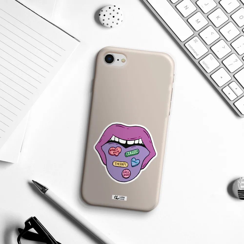 a purple lips with different colored hearts on it Apple iPhone se 2020 Silicone Stone Case