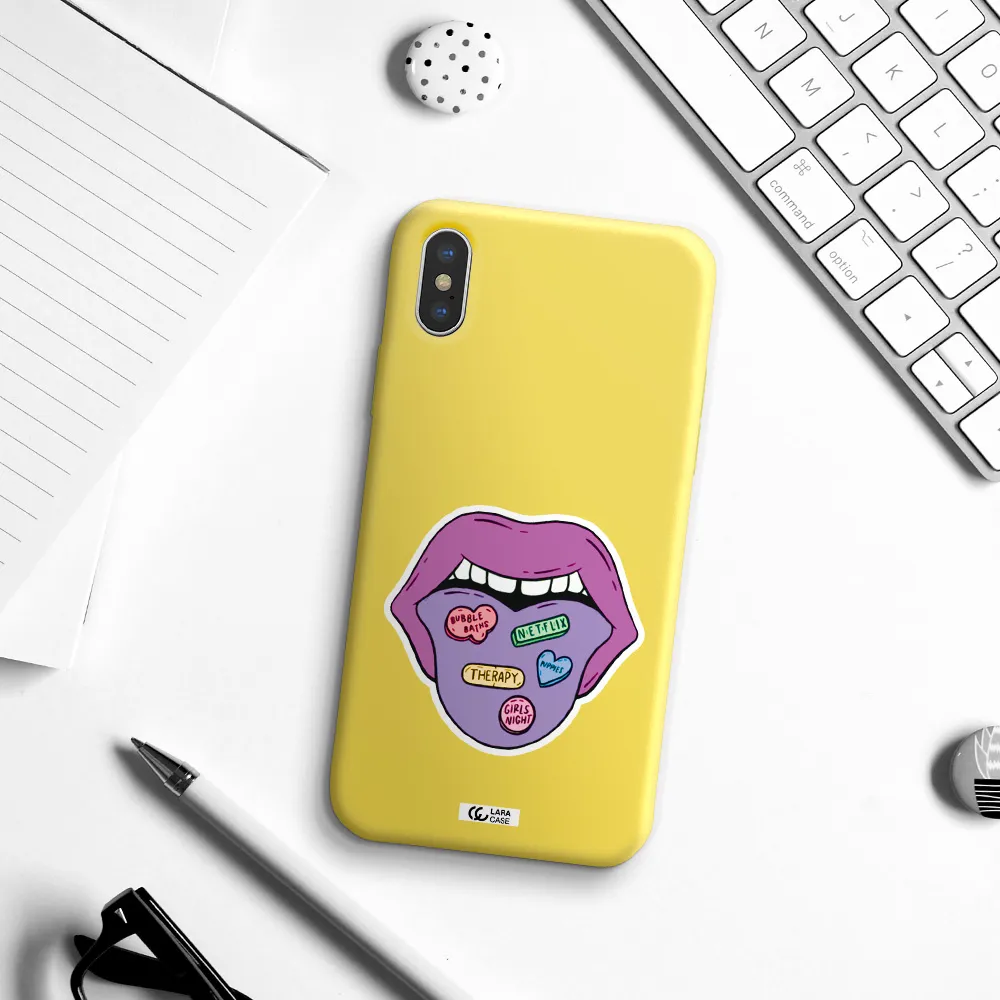 a purple lips with different colored hearts on it Apple iPhone X Silicone canary yellow Case