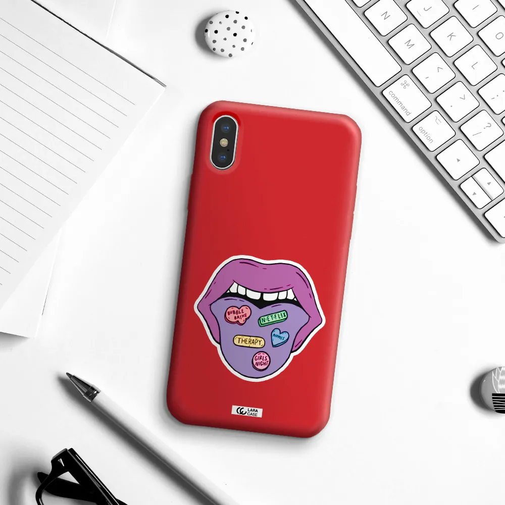 a purple lips with different colored hearts on it Apple iPhone X Silicone Imperial Red Case