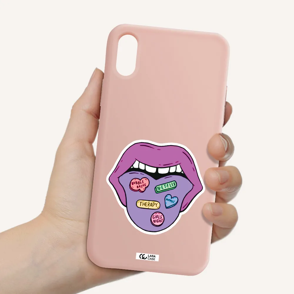 a purple lips with different colored hearts on it Apple iPhone X Silicone pastel pink Case