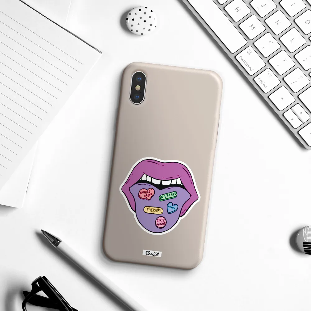 a purple lips with different colored hearts on it Apple iPhone X Silicone Stone Case