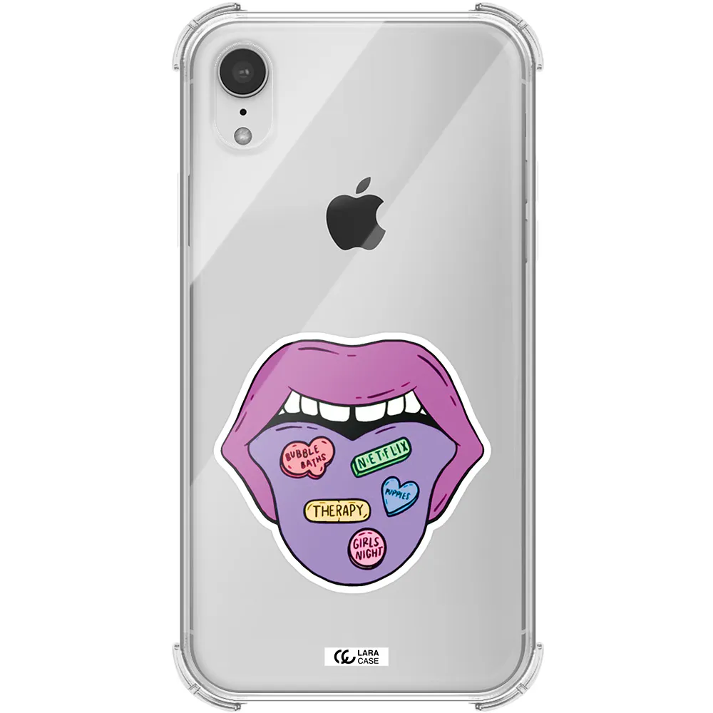 a purple lips with different colored hearts on it Apple iPhone XR Clear PC Case