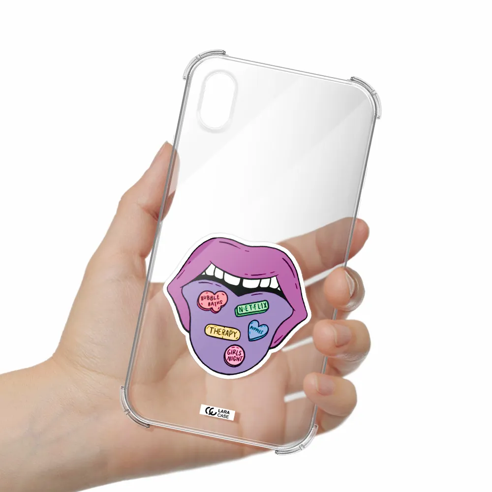 a purple lips with different colored hearts on it Apple iPhone XR Clear PC Case