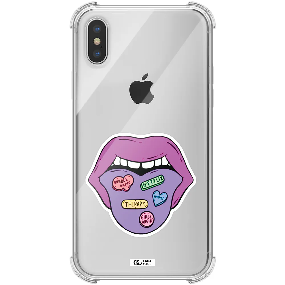 a purple lips with different colored hearts on it Apple iPhone XS Clear PC Case