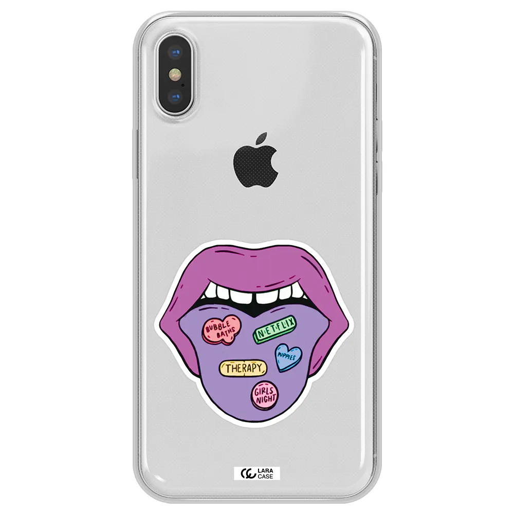 a purple lips with different colored hearts on it Apple iPhone XS Clear TPU Case