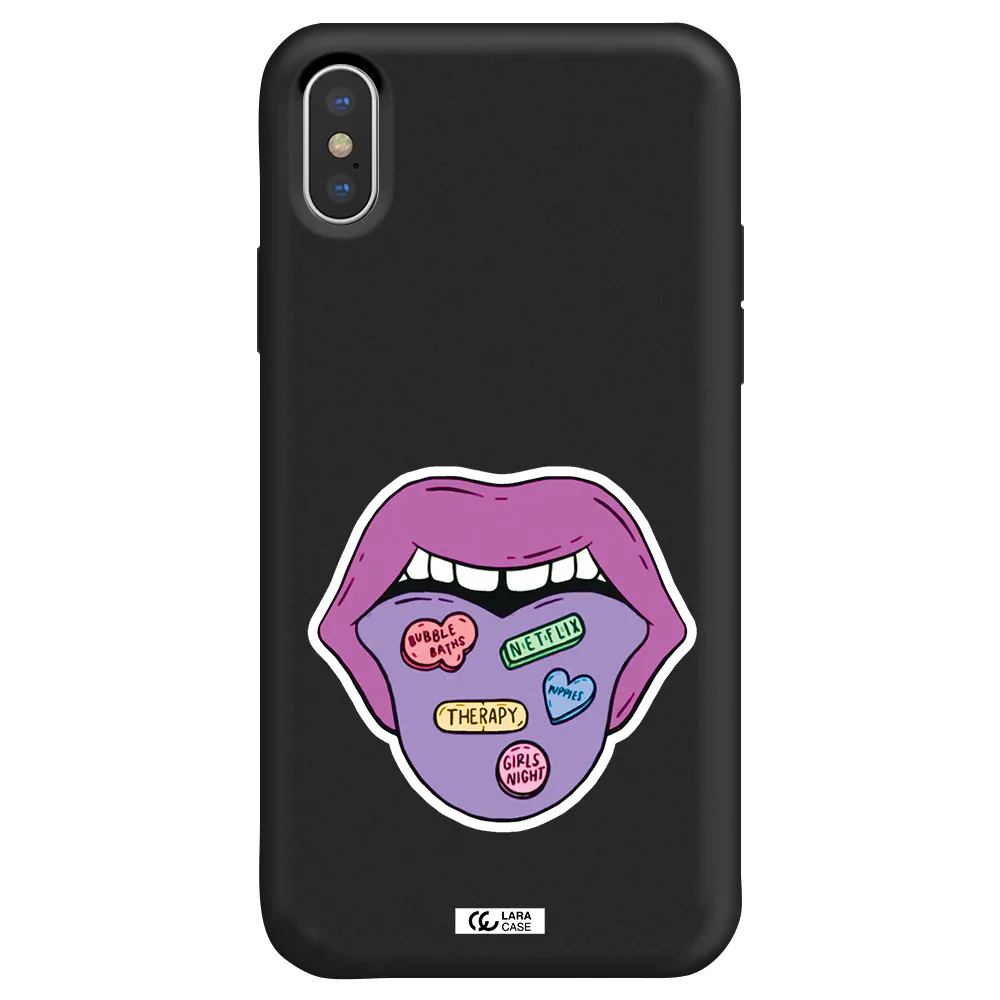 a purple lips with different colored hearts on it Apple iPhone XS Silicone black Case