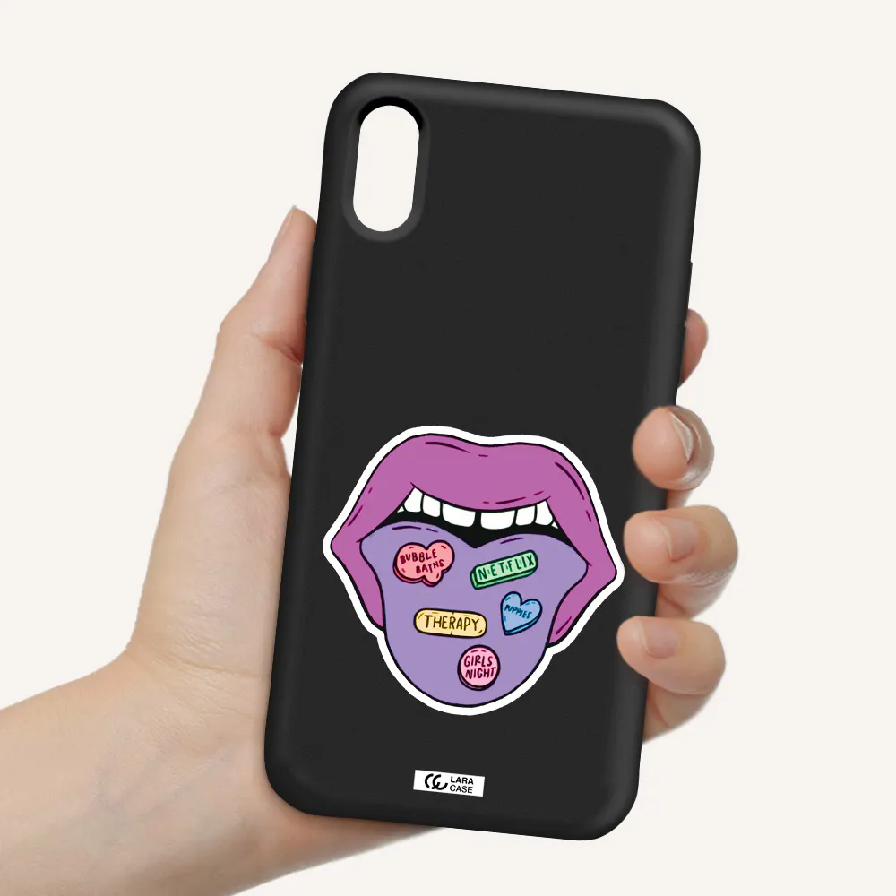 a purple lips with different colored hearts on it Apple iPhone XS Silicone black Case