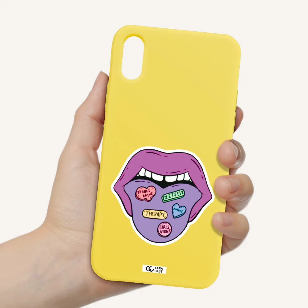 a purple lips with different colored hearts on it Apple iPhone XS Silicone canary yellow Case