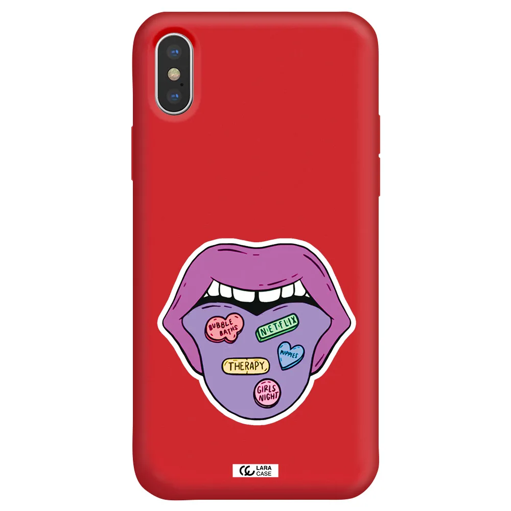 a purple lips with different colored hearts on it Apple iPhone XS Silicone Imperial Red Case