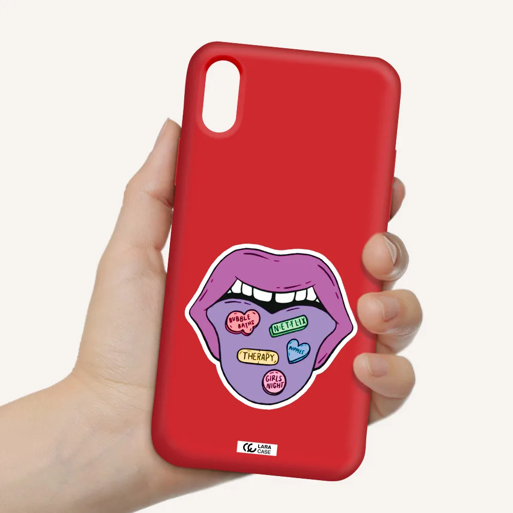 a purple lips with different colored hearts on it Apple iPhone XS Silicone Imperial Red Case