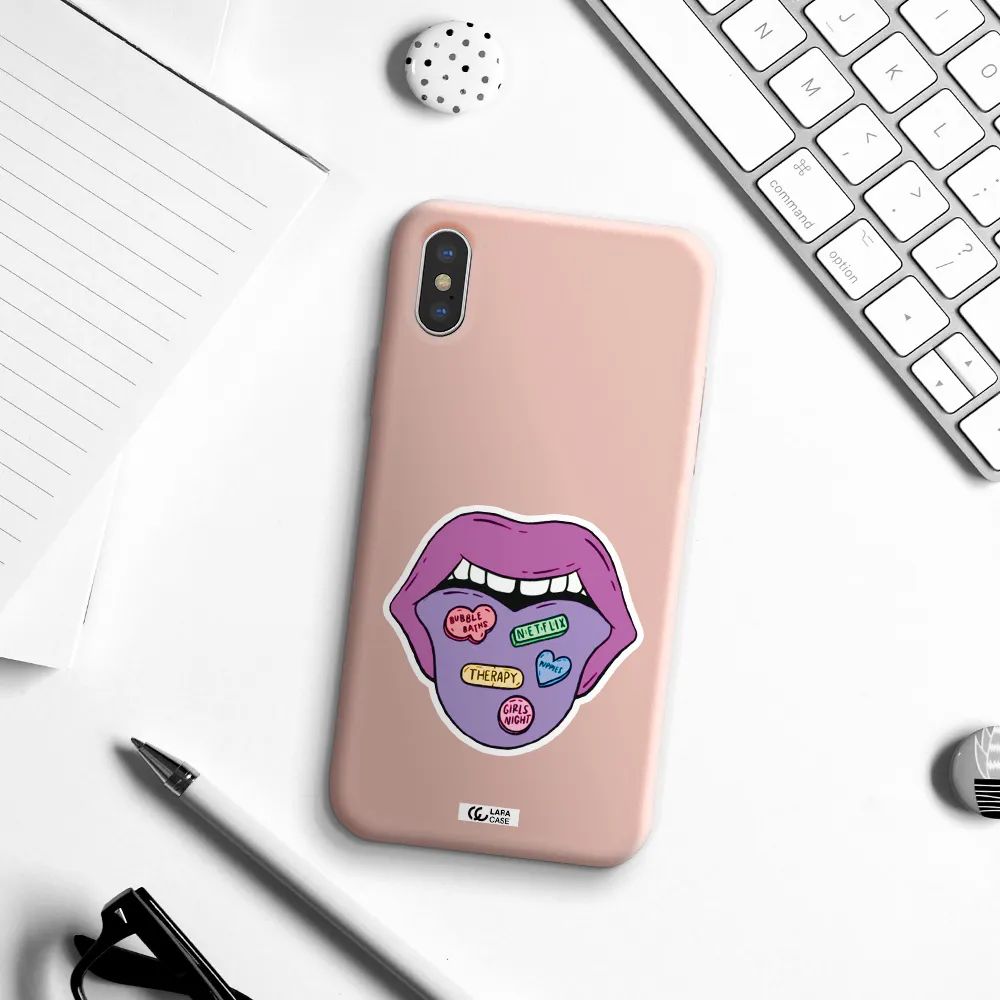 a purple lips with different colored hearts on it Apple iPhone XS Silicone pastel pink Case