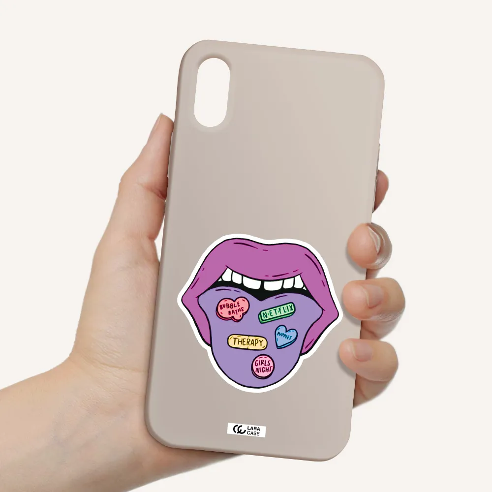a purple lips with different colored hearts on it Apple iPhone XS Silicone Stone Case