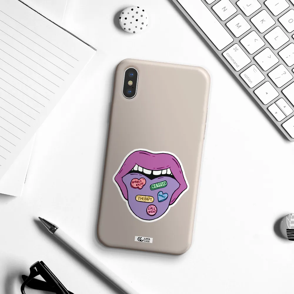a purple lips with different colored hearts on it Apple iPhone XS Silicone Stone Case