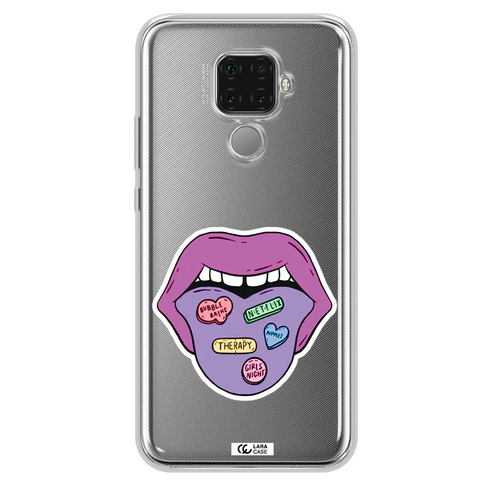 a purple lips with different colored hearts on it Huawei Mate 30 Lite Clear TPU Case