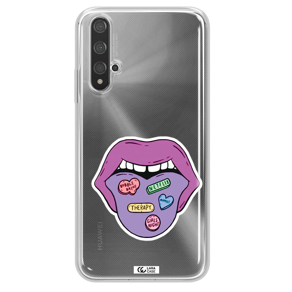 a purple lips with different colored hearts on it Huawei Nova 5t Clear TPU Case