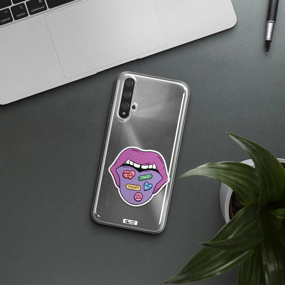 a purple lips with different colored hearts on it Huawei Nova 5t Clear TPU Case