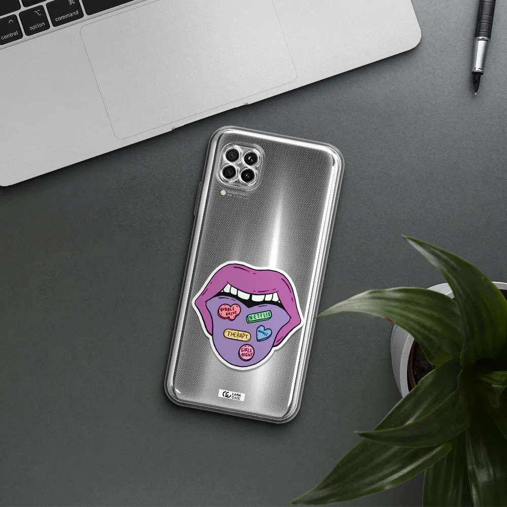 A Purple Lips With Different Colored Hearts On It Huawei Nova 7I Clear Tpu Case