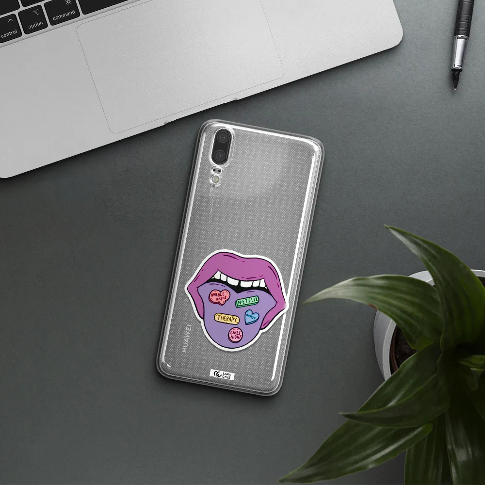 a purple lips with different colored hearts on it Huawei P20 Clear TPU Case