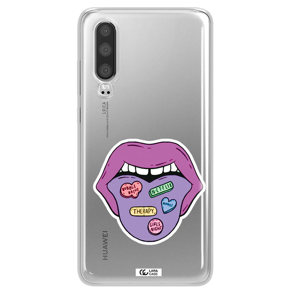 a purple lips with different colored hearts on it Huawei P30 Clear TPU Case