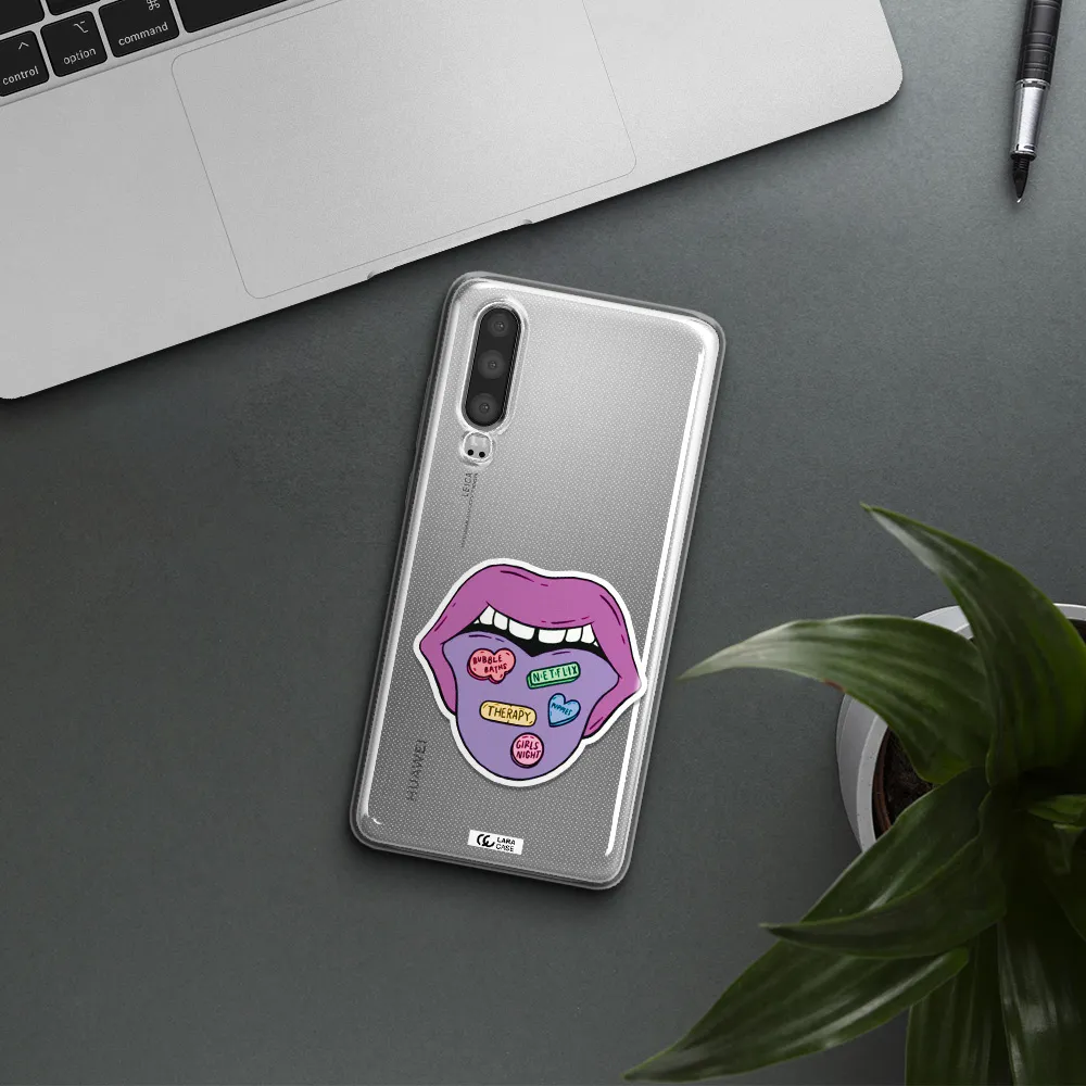 a purple lips with different colored hearts on it Huawei P30 Clear TPU Case