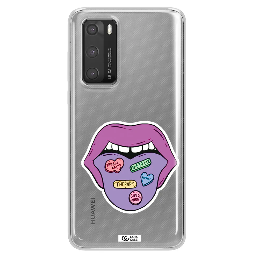 a purple lips with different colored hearts on it Huawei P40 Clear TPU Case