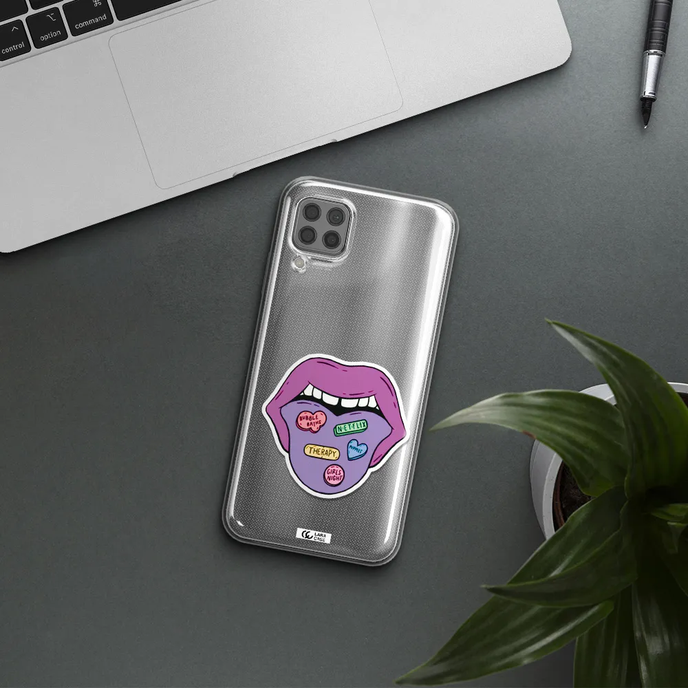 a purple lips with different colored hearts on it Huawei P40 Lite Clear TPU Case