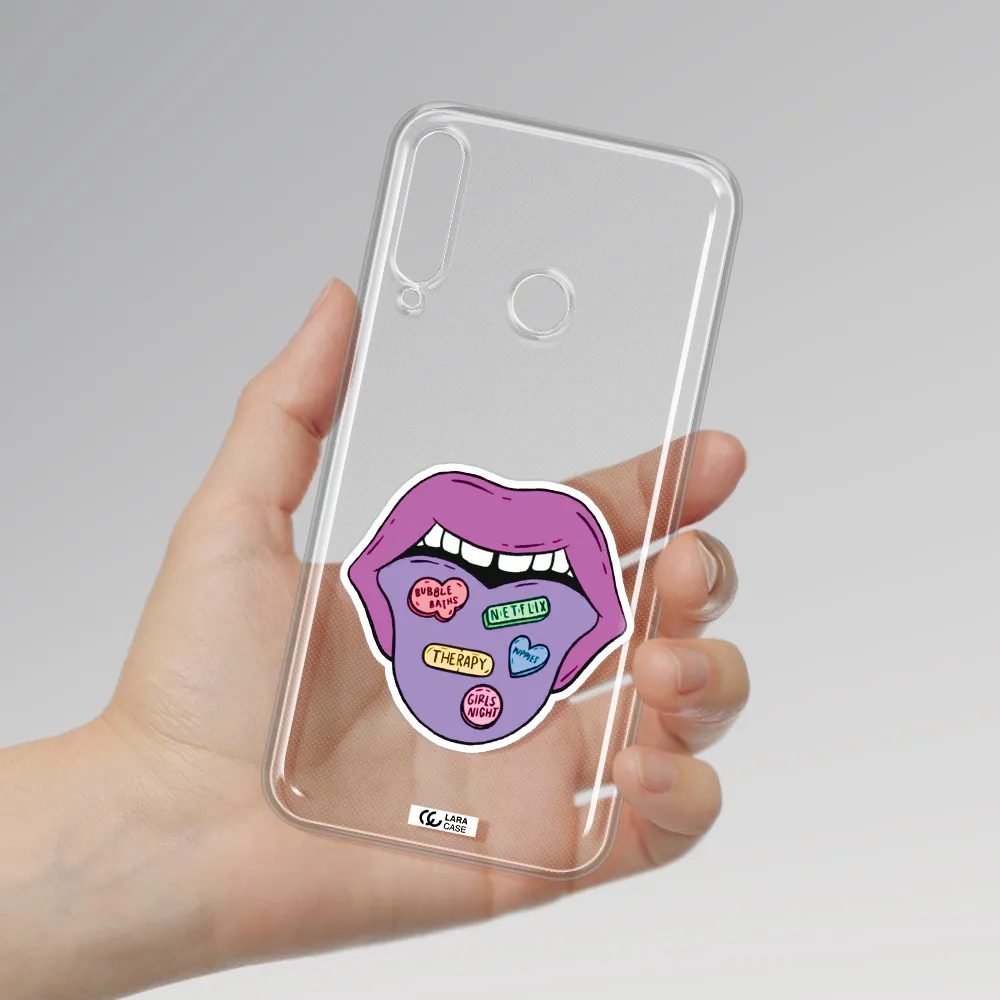 a purple lips with different colored hearts on it Huawei P40 Lite E Clear TPU Case