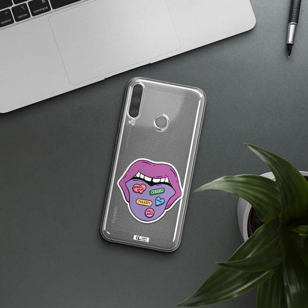 a purple lips with different colored hearts on it Huawei P40 Lite E Clear TPU Case