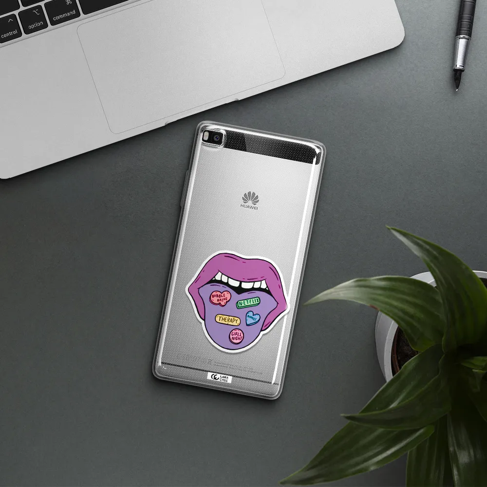 a purple lips with different colored hearts on it Huawei P8 Clear TPU Case