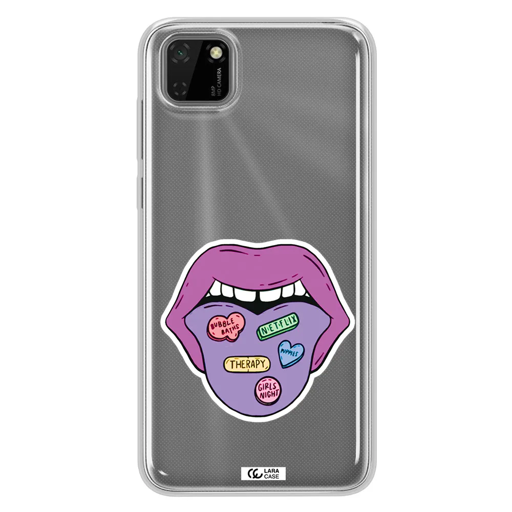 a purple lips with different colored hearts on it Huawei Y5P Clear TPU Case