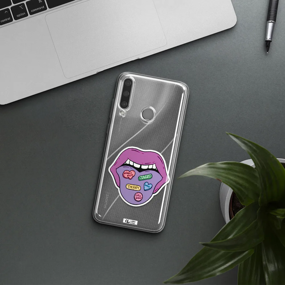 a purple lips with different colored hearts on it Huawei Y6P Clear TPU Case