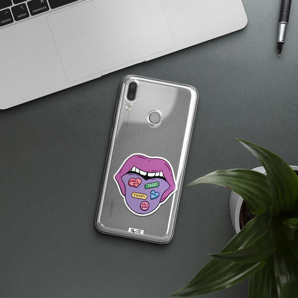 a purple lips with different colored hearts on it Huawei Y7 2019 Clear TPU Case