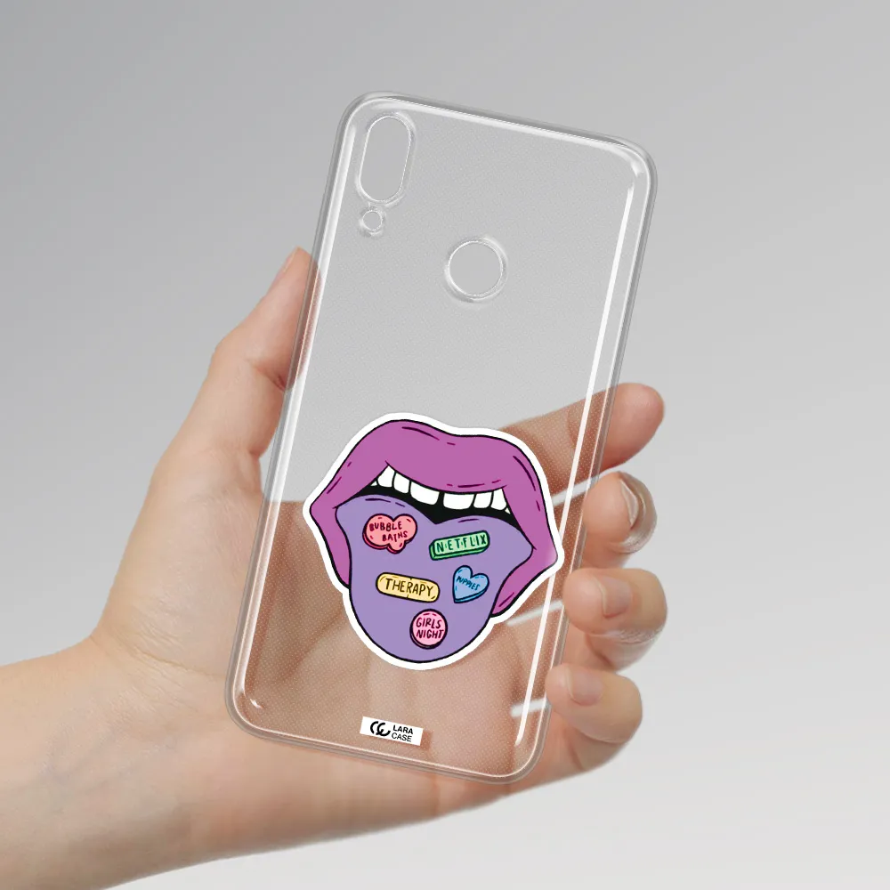 a purple lips with different colored hearts on it Huawei Y9 2019 Clear TPU Case