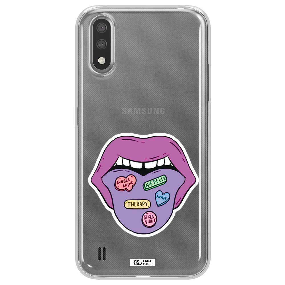 a purple lips with different colored hearts on it Samsung A01 Clear TPU Case