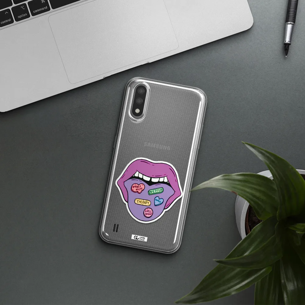 a purple lips with different colored hearts on it Samsung A01 Clear TPU Case