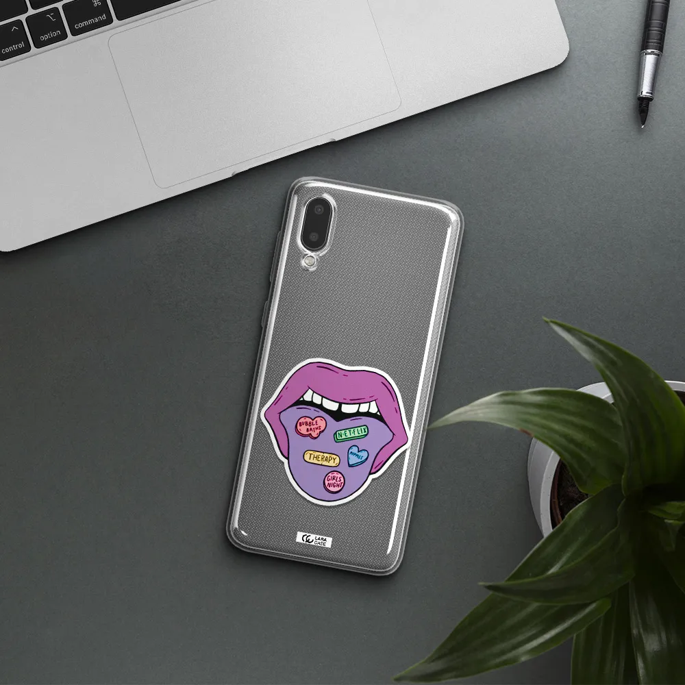 a purple lips with different colored hearts on it Samsung A02 Clear TPU Case