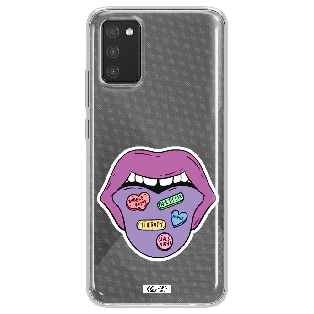 a purple lips with different colored hearts on it Samsung A02S Clear TPU Case