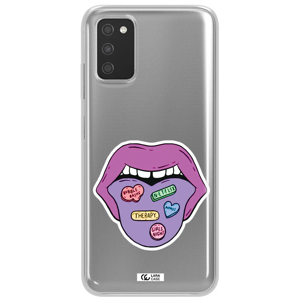 a purple lips with different colored hearts on it Samsung A03S Clear TPU Case