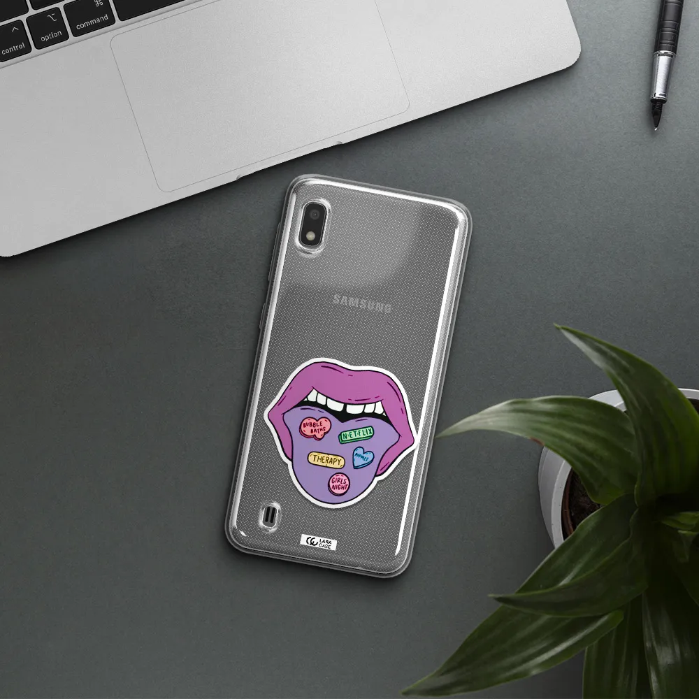 a purple lips with different colored hearts on it Samsung A10 Clear TPU Case