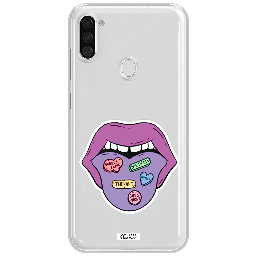 a purple lips with different colored hearts on it Samsung A11 Clear TPU Case