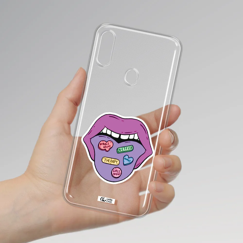 a purple lips with different colored hearts on it Samsung A11 Clear TPU Case