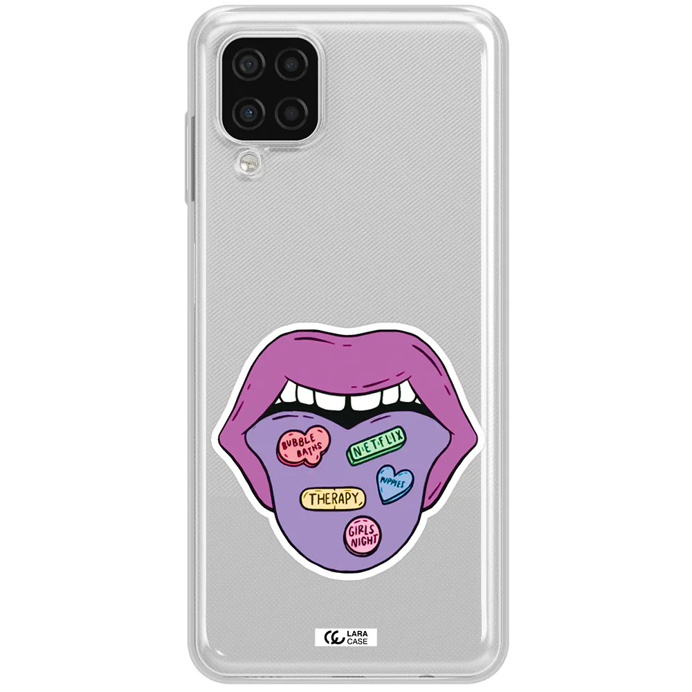 a purple lips with different colored hearts on it Samsung A12 4g Clear TPU Case