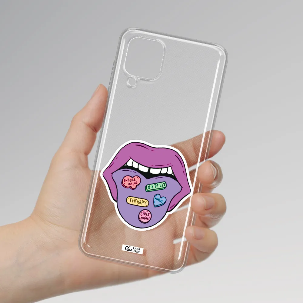 a purple lips with different colored hearts on it Samsung A12 4g Clear TPU Case