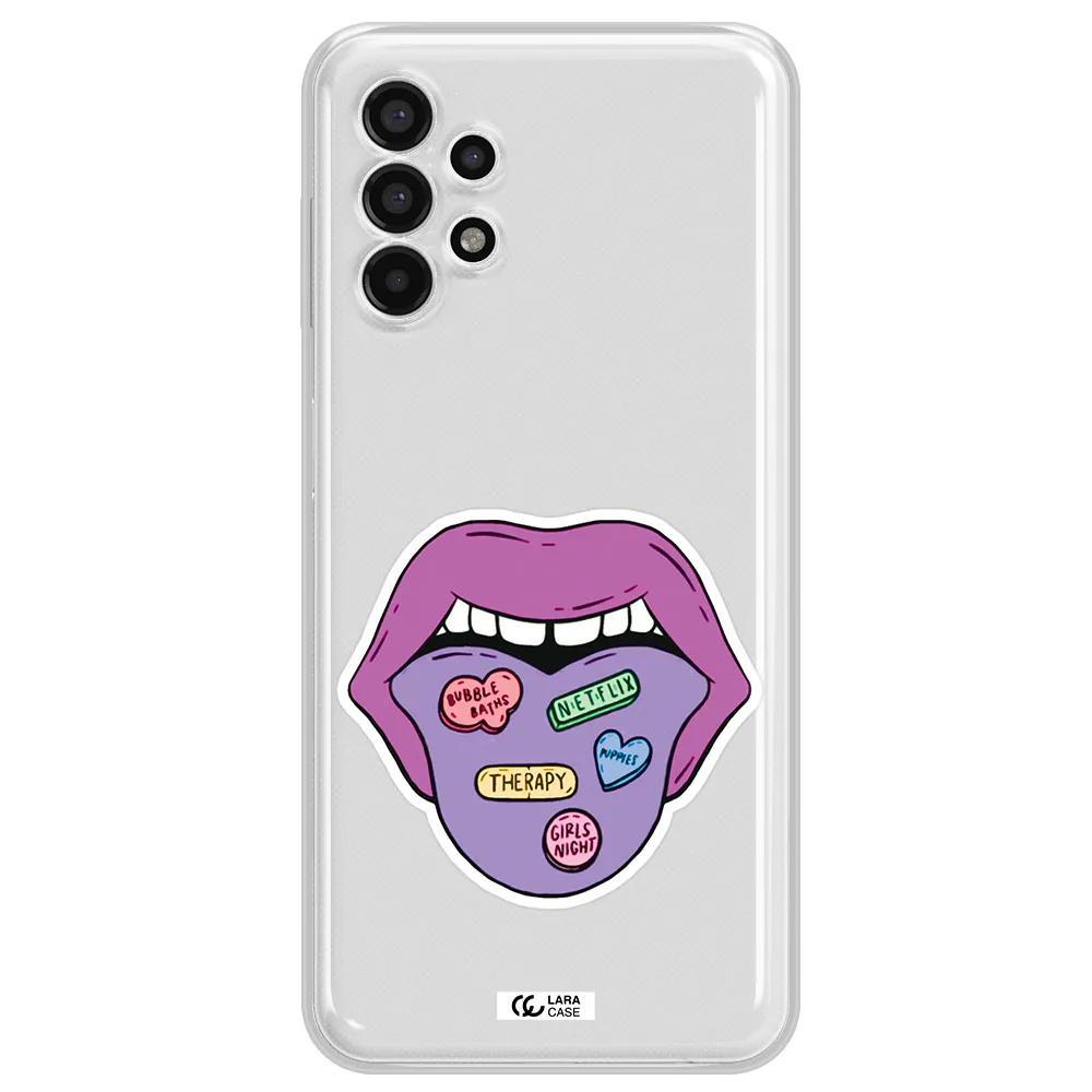 a purple lips with different colored hearts on it Samsung A13 4g Clear TPU Case